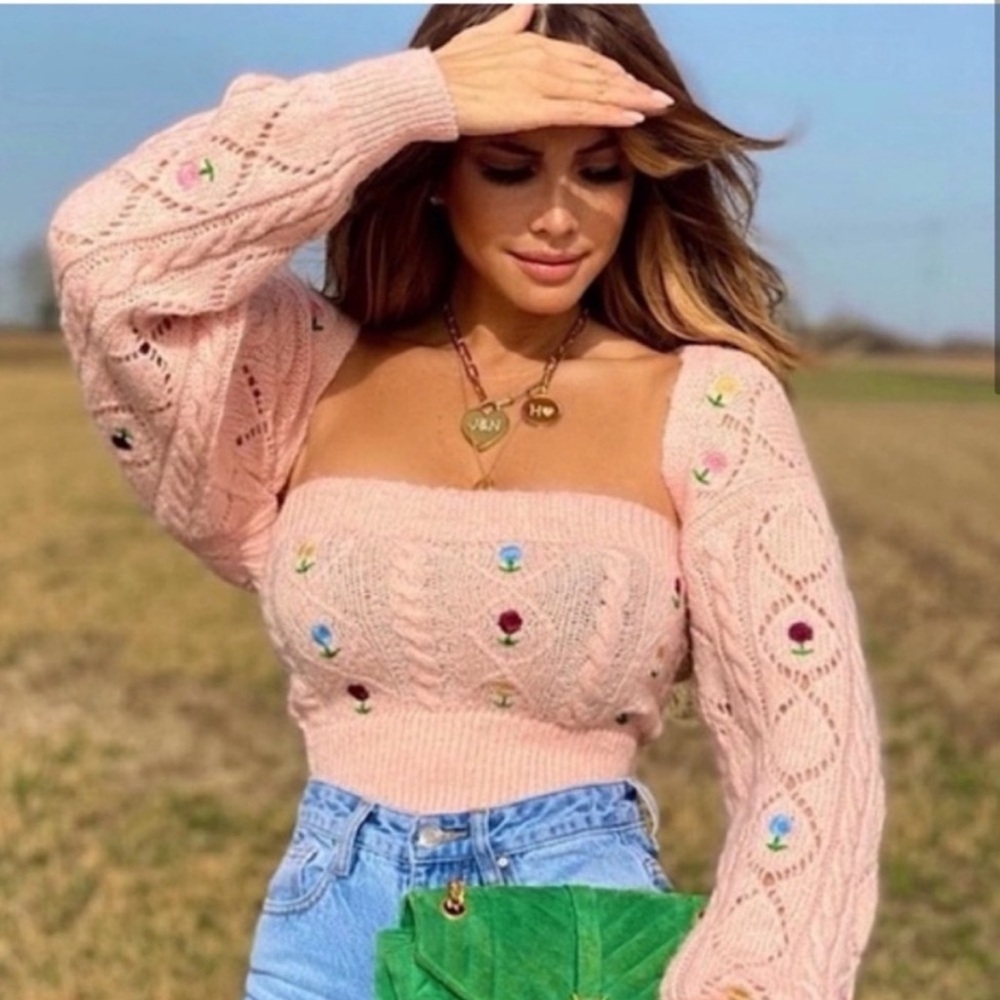 2 piece Zara Pink Embroidered flower knit set